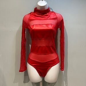 Mapale Red Long Sleeve Bodysuit Mesh Cutouts Medium NWT